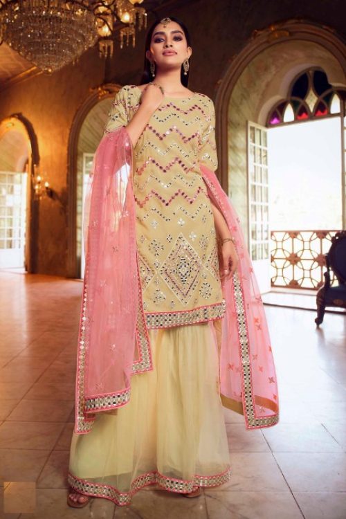 Yellow Organza Mirror Styled Garara Suit with Pink Dupatta