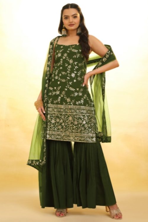 Georgette Sequin Styled Garara & Kurti Set in Olive