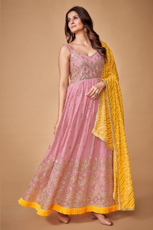 Pink Georgette Anarkali & Yellow Sequin Dupatta Set