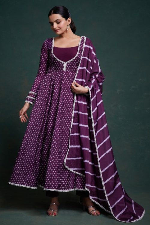 Printed Purple Organza Flared Anarkali & Leheriya Dupatta