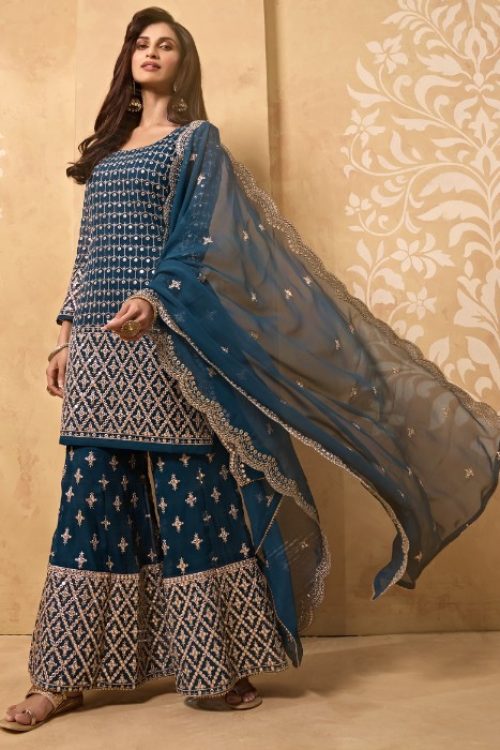 Teal Mirror Styled Georgette Sharara Suit