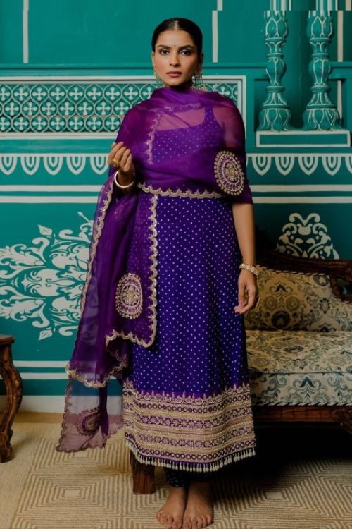 Purple Satin & Organza Printed Straight Suit Set