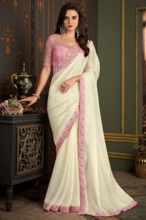 White Latest Designer Party Wear Georgette Saree