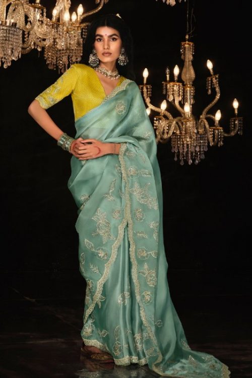 Firozi Colour Saree with Yellow Contrast Designer Blouse