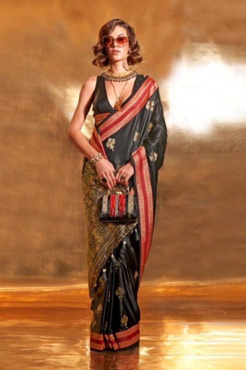 Black Satin Silk Saree with Contrast Pallu & Blouse