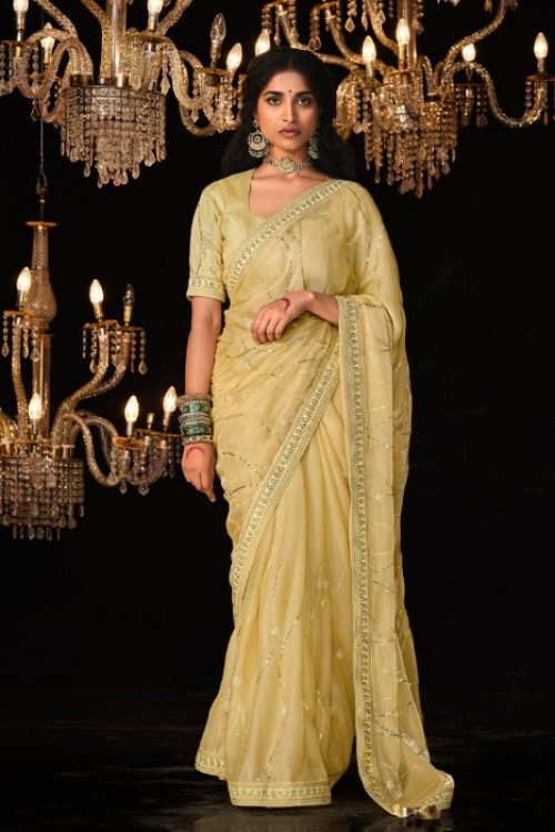 Yellow Trendy Organza Saree with Hand Work Blouse