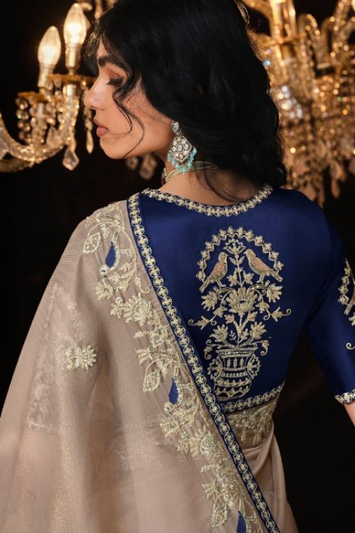 Grey Saree with Blue Hand work Blouse