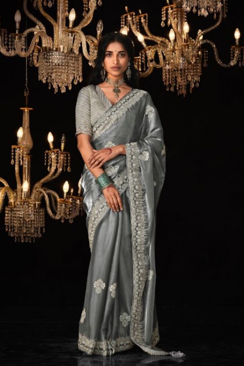 Grey Colour Saree Cocktail Party Look