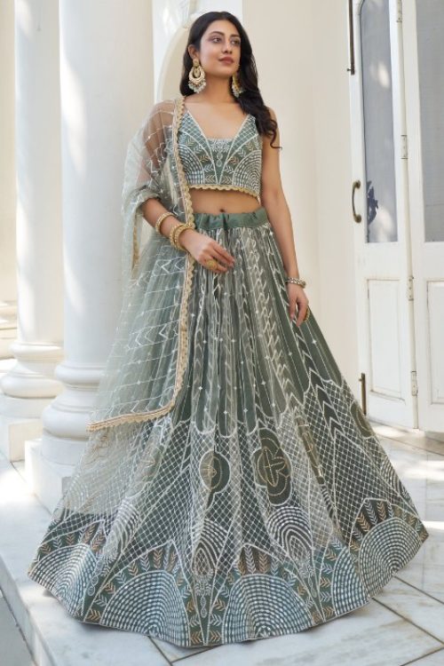 Dusty Green Sangeet Net White Thread Lehenga Choli