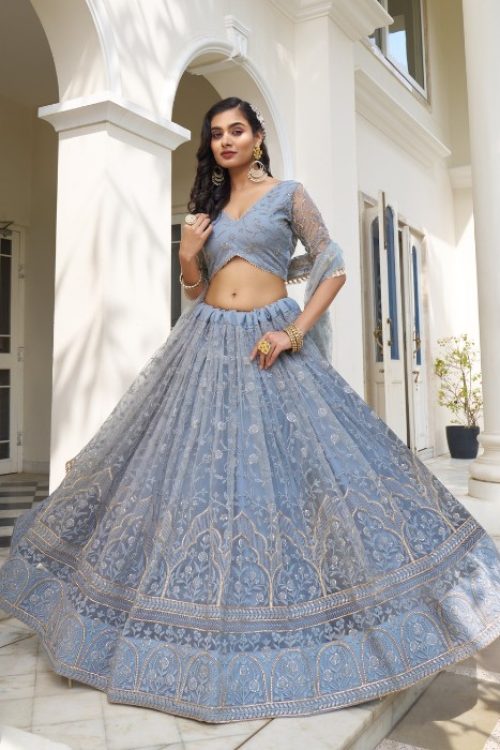 Steel Blue Modern Bride’s maid Net Lehenga Choli