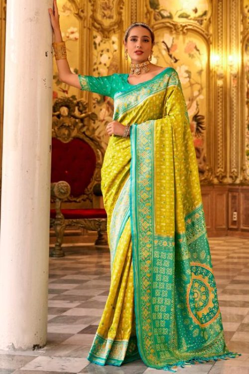 Lime & Green Banarasi Silk Saree Bollywood Look