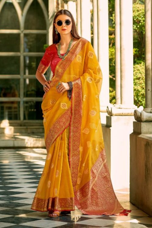 Yellow Gold Tissue Saree with Contrast Red Blouse