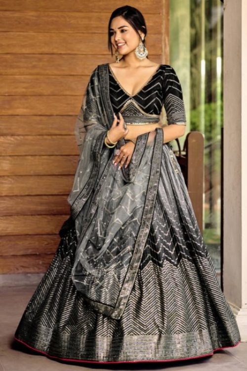 Black Shaded Chinon Designer Lehenga Choli with Dupatta