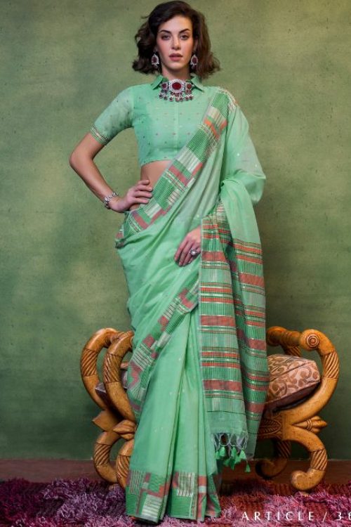 Mint Cotton Woven Formal Saree