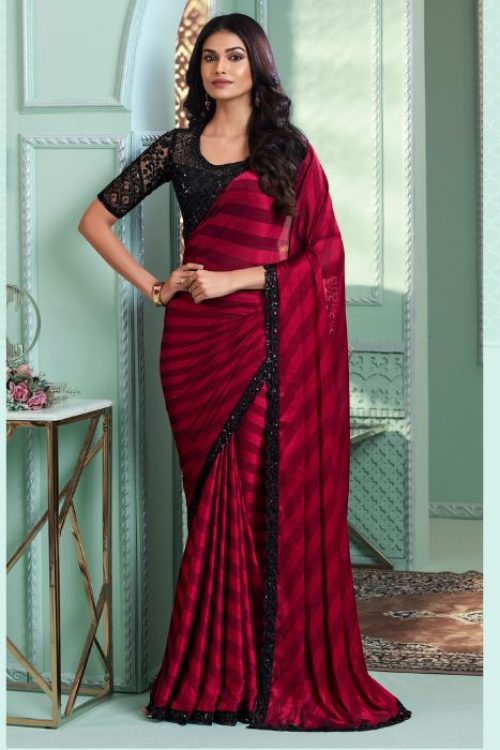 Magenta Satin Silk Border Saree