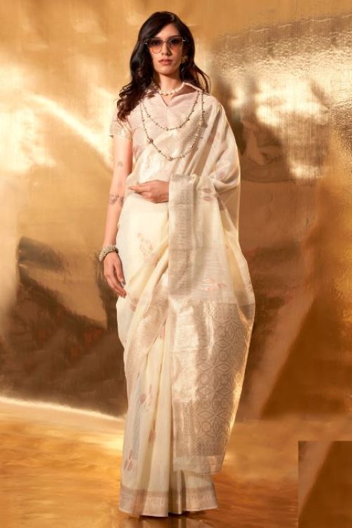 Cream Zari & Weaving South Indian Wedding Look Saree