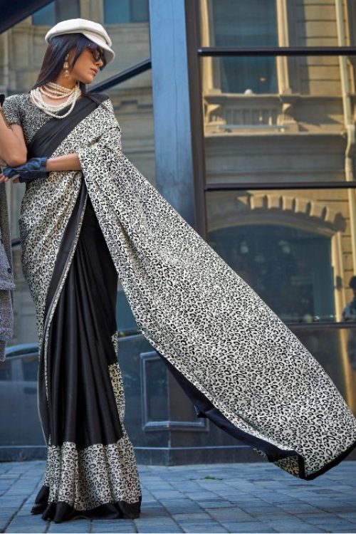 Black Leopard Print Satin Crepe Saree