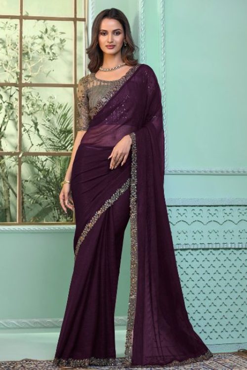 Weightless Chiffon Wine Colour Saree with Sequin Blouse