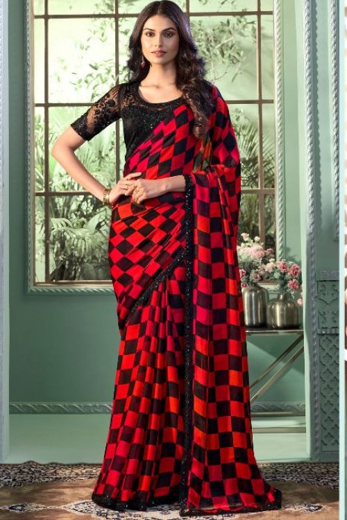 Red Chiffon Saree with Black Sequin Blouse