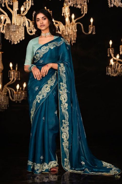 Teal Contrast Saree Blouse Combination Hand work Saree