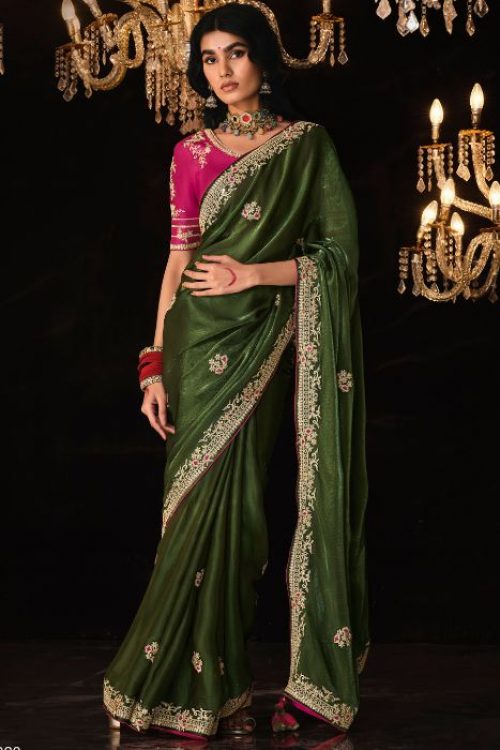 Olive Silk Saree with Hand work Blouse