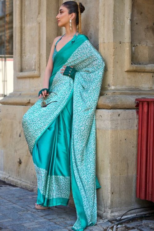 Sea Green Satin Crepe Printed Saree