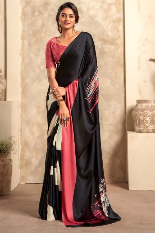 Printed Crepe Silk Black Saree for Women