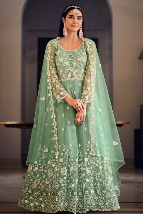 Sea Green Designer Net Thread Work Anarkali Suit