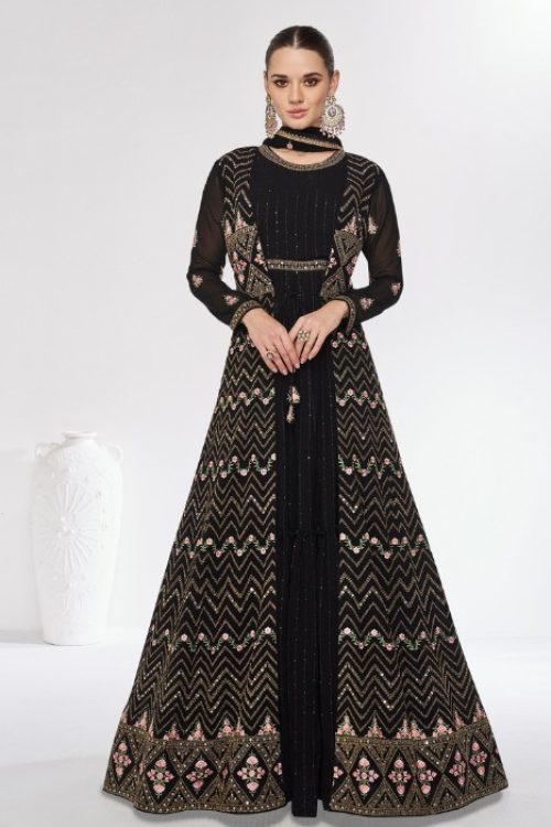 Designer Black Anarkali Dress with Long Jacket