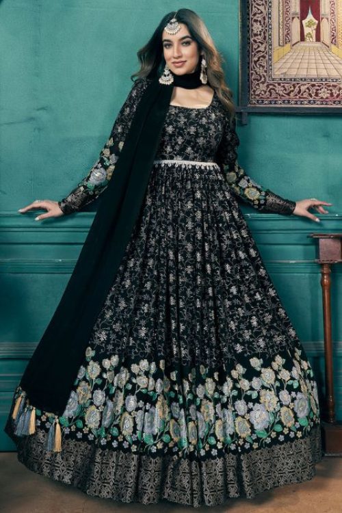 Muslim Abaya Style Sequin Anarkali Suit in Black