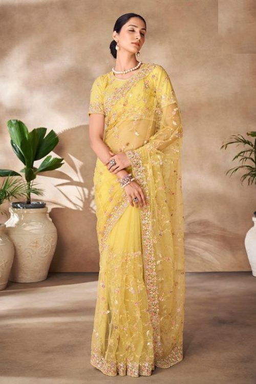 Yellow Indian wedding Net Embellished Saree