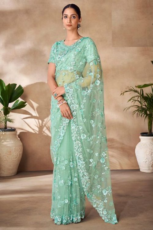 Mint Green Indian wedding Net Embellished Saree