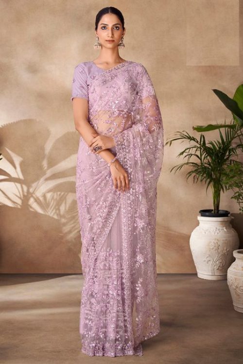 Lilac Indian wedding Net Embellished Saree