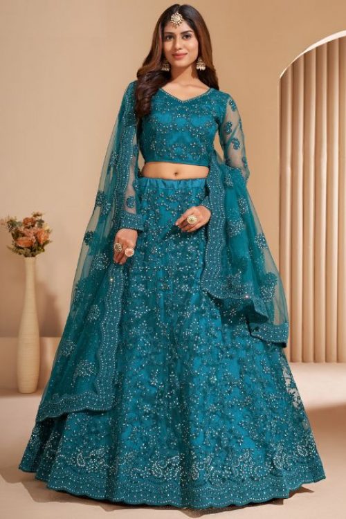 Teal Lehenga Choli for Indian Engagement in Net with Cording