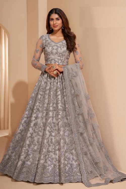 Net Grey Designer Lehenga for Ring Ceremony