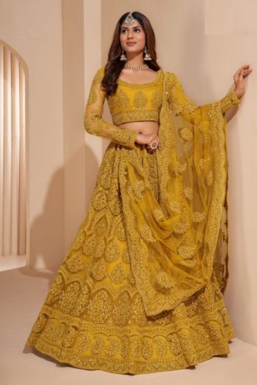 Mustard Wedding Net Lehenga Choli for Bride