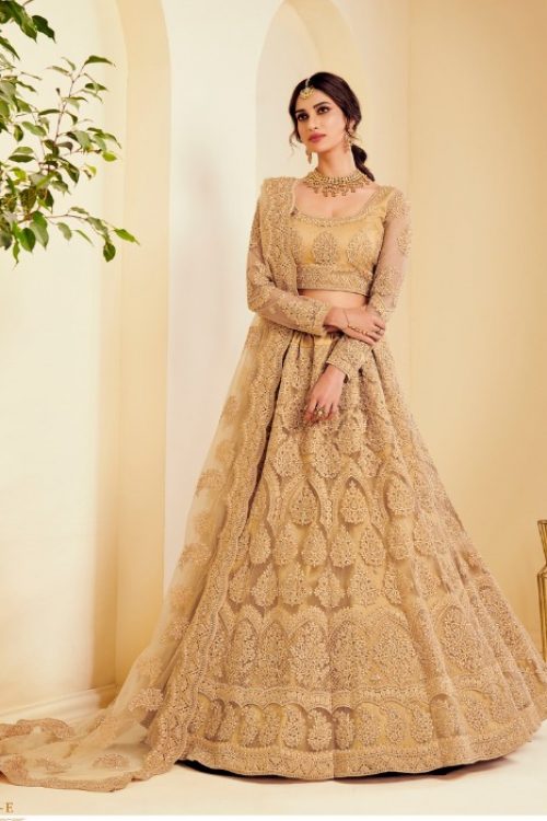 Golden Bridal Lehenga Choli for Indian Wedding in Net