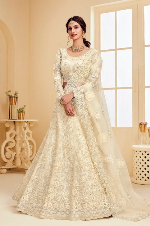 White Color Net Bridal Pastel Lehenga Choli