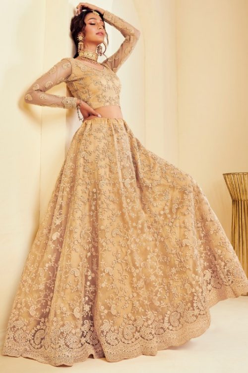 Golden Bridal Lehenga with Dupatta in Net