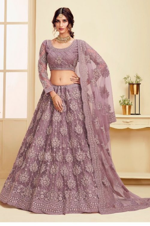 Purple Net Embellished Bridal Lehenga Choli