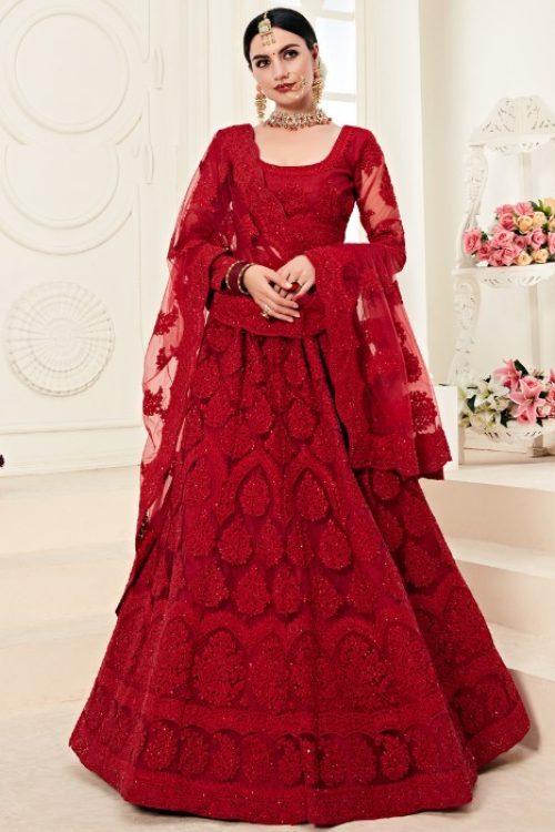 Bollywood Style Red Net Lehenga Choli with Dupatta