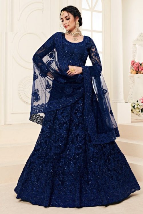 Net Embellished Blue Reception Lehenga Choli