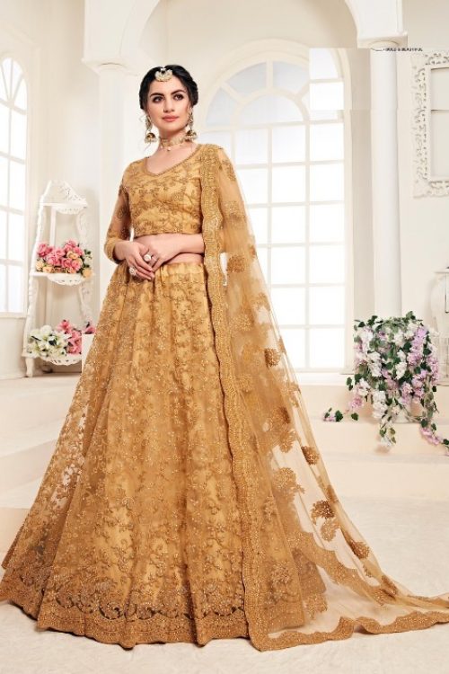 Mustard Net Heavy Indian Bridal Lehenga