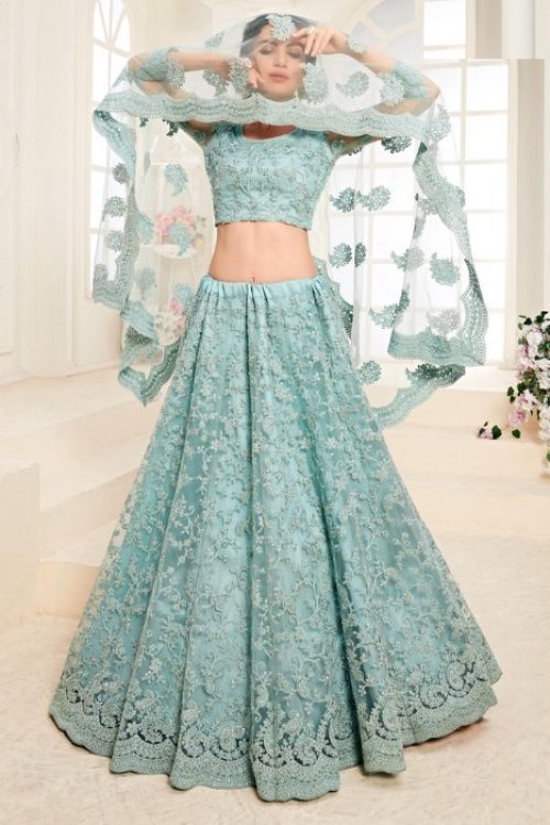 Lake Blue Net Lehenga Choli with Dupatta for Engagement