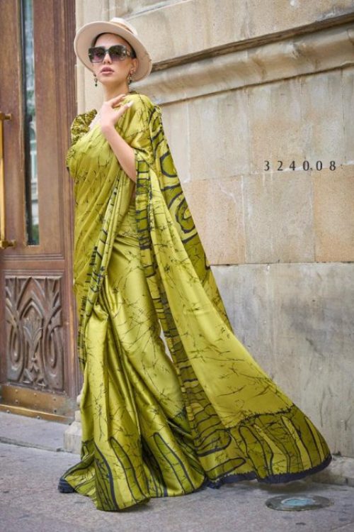 Olive Casual Woman Satin Printed Saree