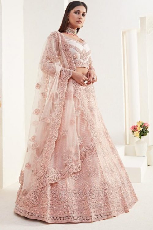 Indian Bride in Pink Net Lehenga Choli Dupatta