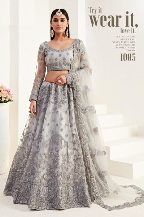 Grey Indian Wedding Lehenga Choli in Net