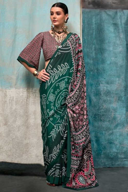 Green Contrast Printed Silk Crepe Saree