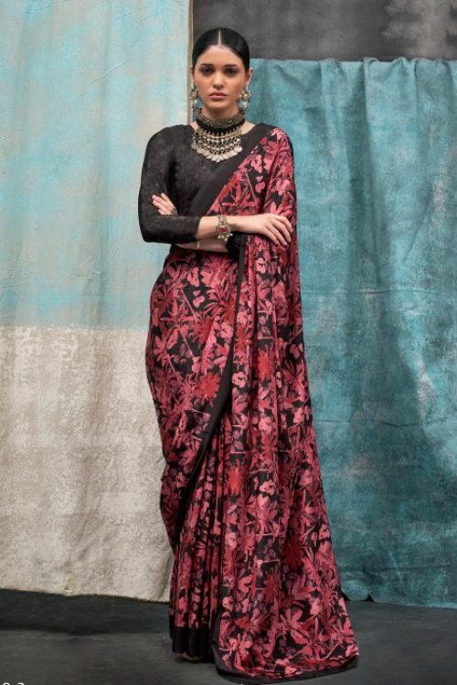 Black Maroon Printed Silk Crepe Saree