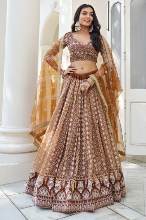 Brown Party Wear Net White Thread Lehenga Choli